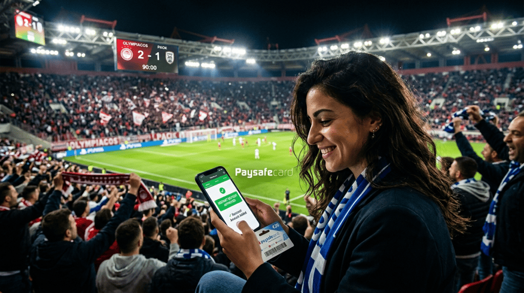 Χέρι κρατά smartphone με το Paysafecard app σε στάδιο