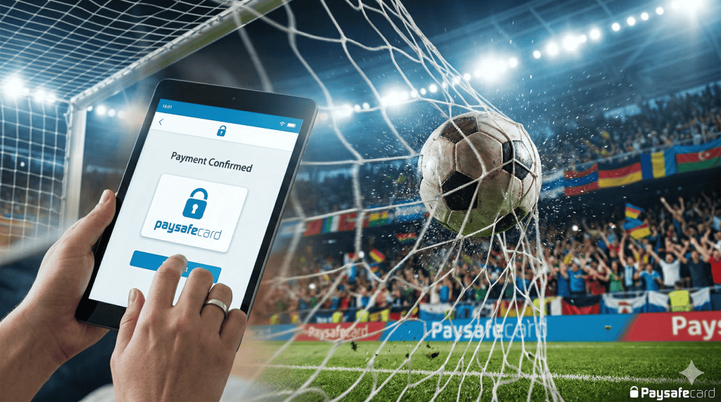 Χρήστης που κρατά smartphone με το λογότυπο της Paysafecard σε φόντο με έντονα νέον χρώματα