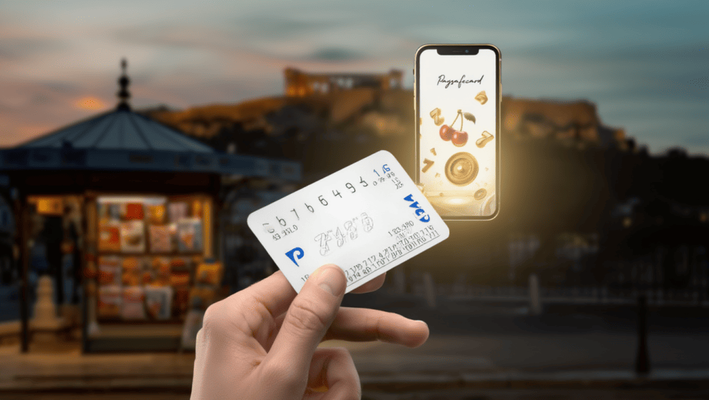 Διαφημιστικό banner της Paysafecard στην Αθήνα με θέα την Ακρόπολη, τονίζοντας την τοπική διαθεσιμότητα