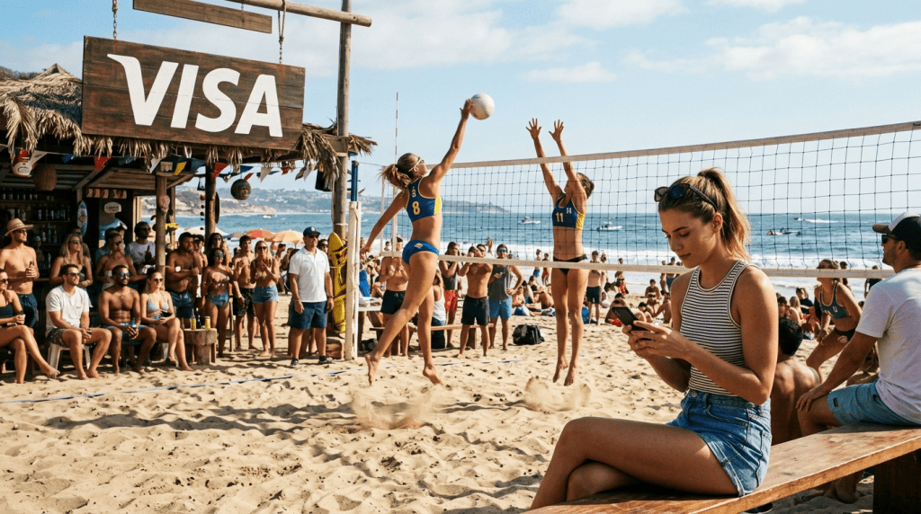 Παραλία με γυναικείο beach volley, θεατές στην άμμο και γυναίκα με κινητό για VISA καζίνος.