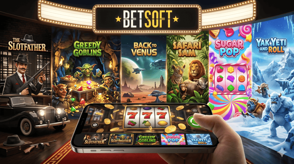 Betsoft banner με δημοφιλή slots, κινητό παιχνίδι και casino σκηνή