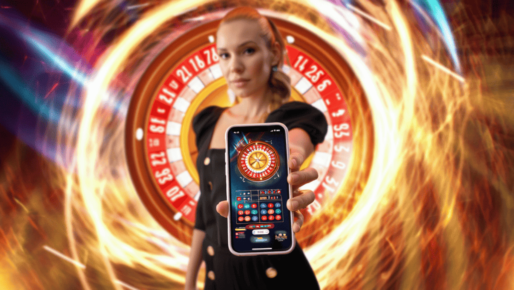 Γυναίκα κρατάει smartphone και παίζει Live roulette με φόντο φωτεινή ρουλέτα