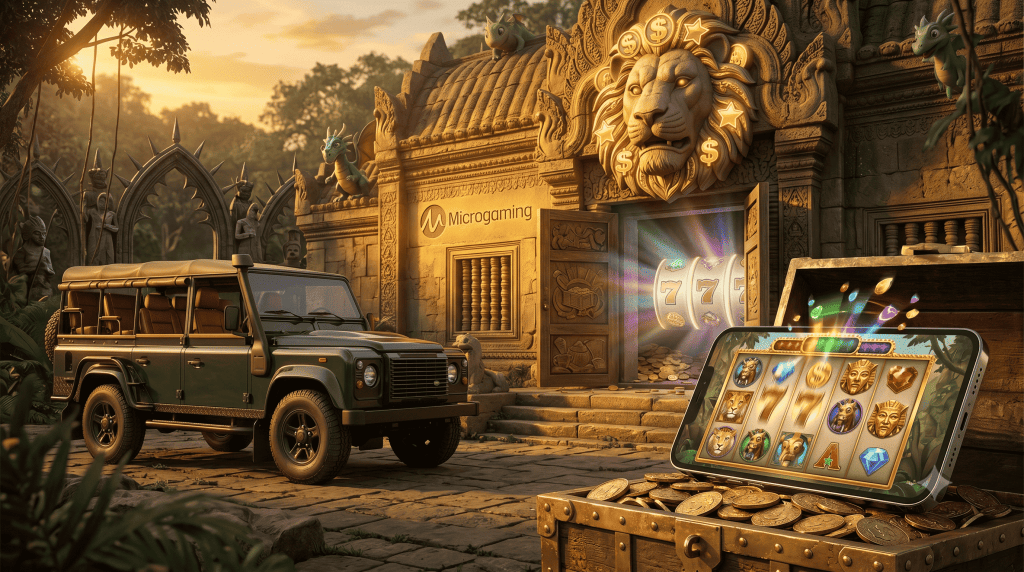 Safari jeep μπροστά σε ναό Microgaming με θησαυρούς και smartphone που παίζει slots.