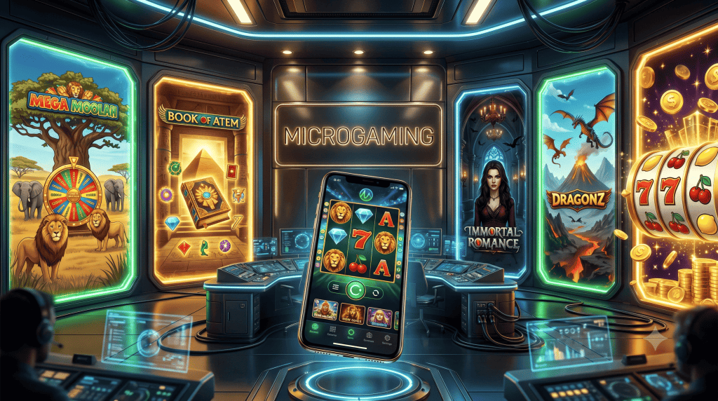 Μοντέρνο command center Microgaming με πολλά παιχνίδια slots και smartphone στο κέντρο.
