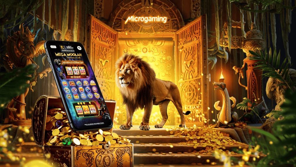 Λιοντάρι μπροστά σε χρυσό ναό Microgaming με θησαυρό και smartphone που δείχνει Mega Moolah.